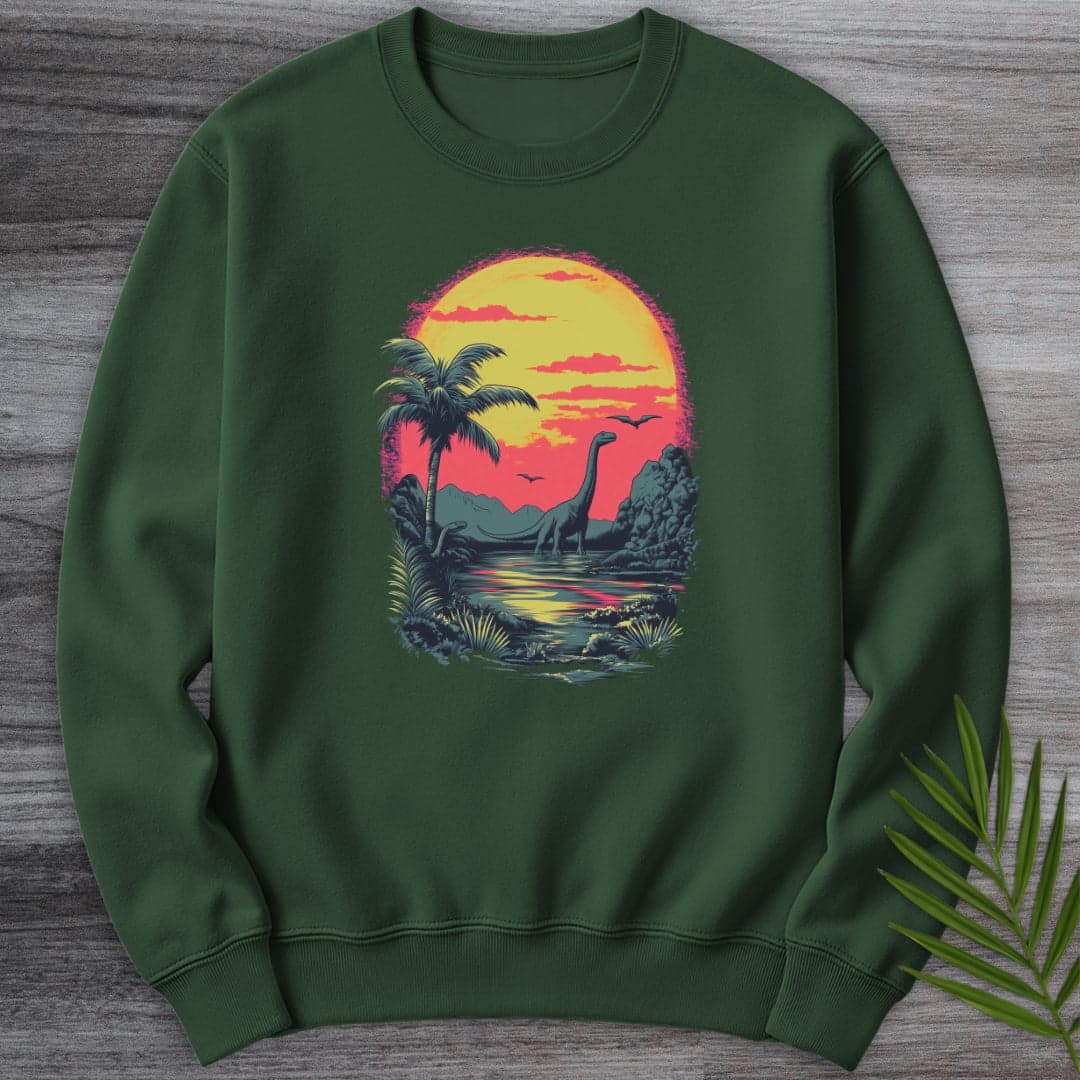 Sweatshirt Forest Green / S Retro Sunset 1980's Brachiosaurus Crewneck