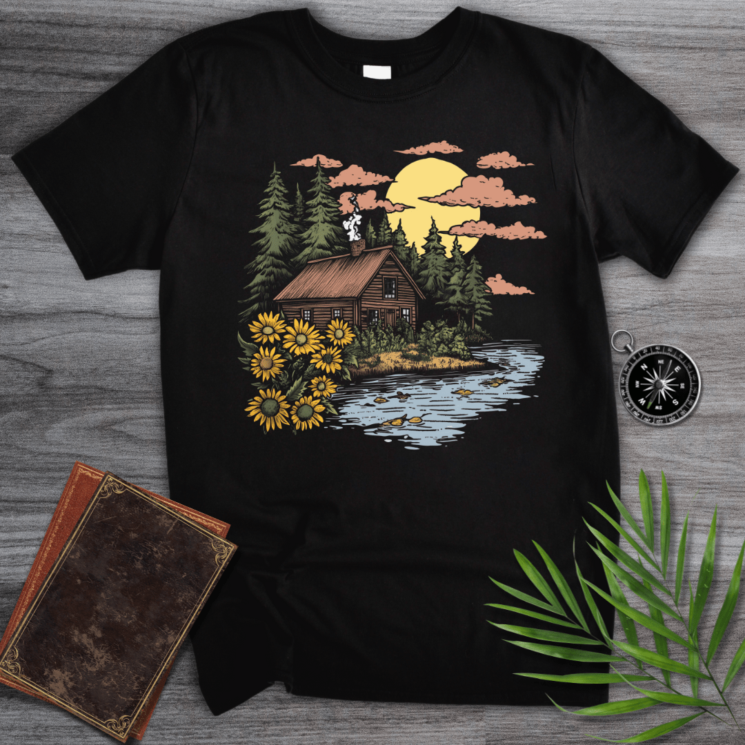 T-Shirt Black / S Cute Floral Woodland Cabin T-Shirt