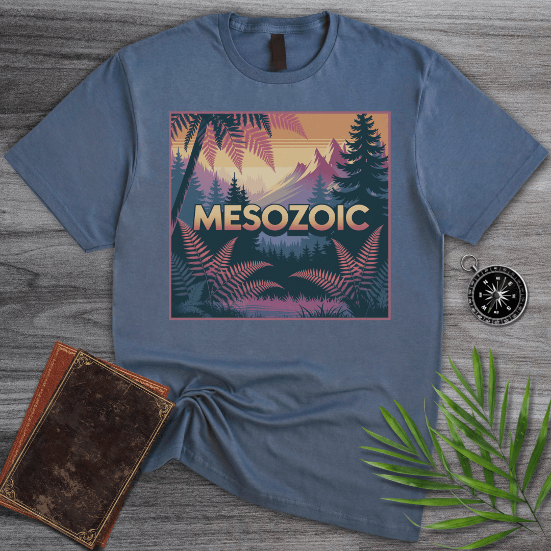 T-Shirt Heather Indigo / S MESOZOIC: Prehistoric Sunset Jungle Scene