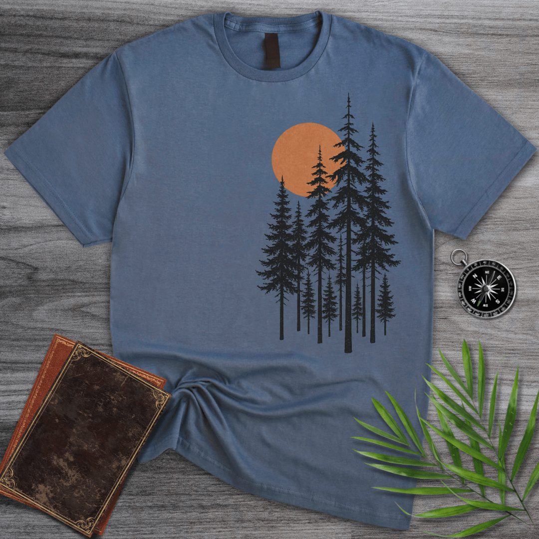 T-Shirt Heather Indigo / S Pine Tree Forest Sunset T-Shirt