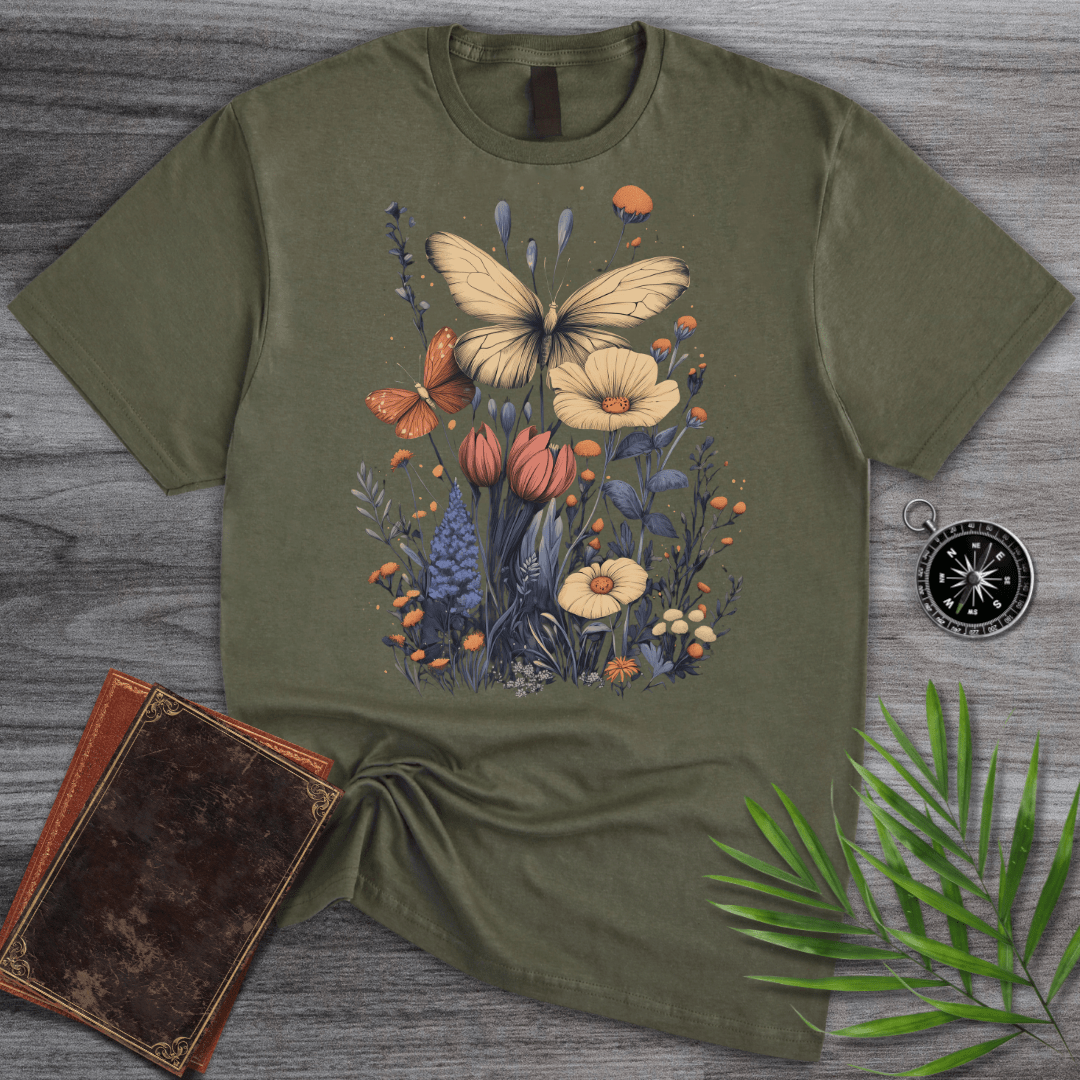 T-Shirt Military Green / S Butterflies in Bloom Garden T-Shirt