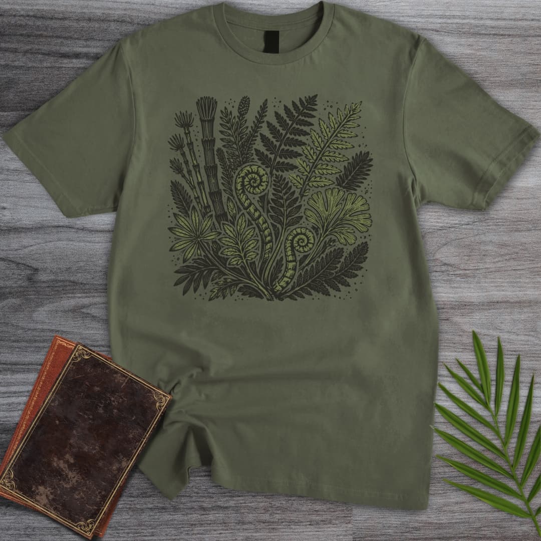 T-Shirt Military Green / S Linocut Mesozoic Plants T-Shirt