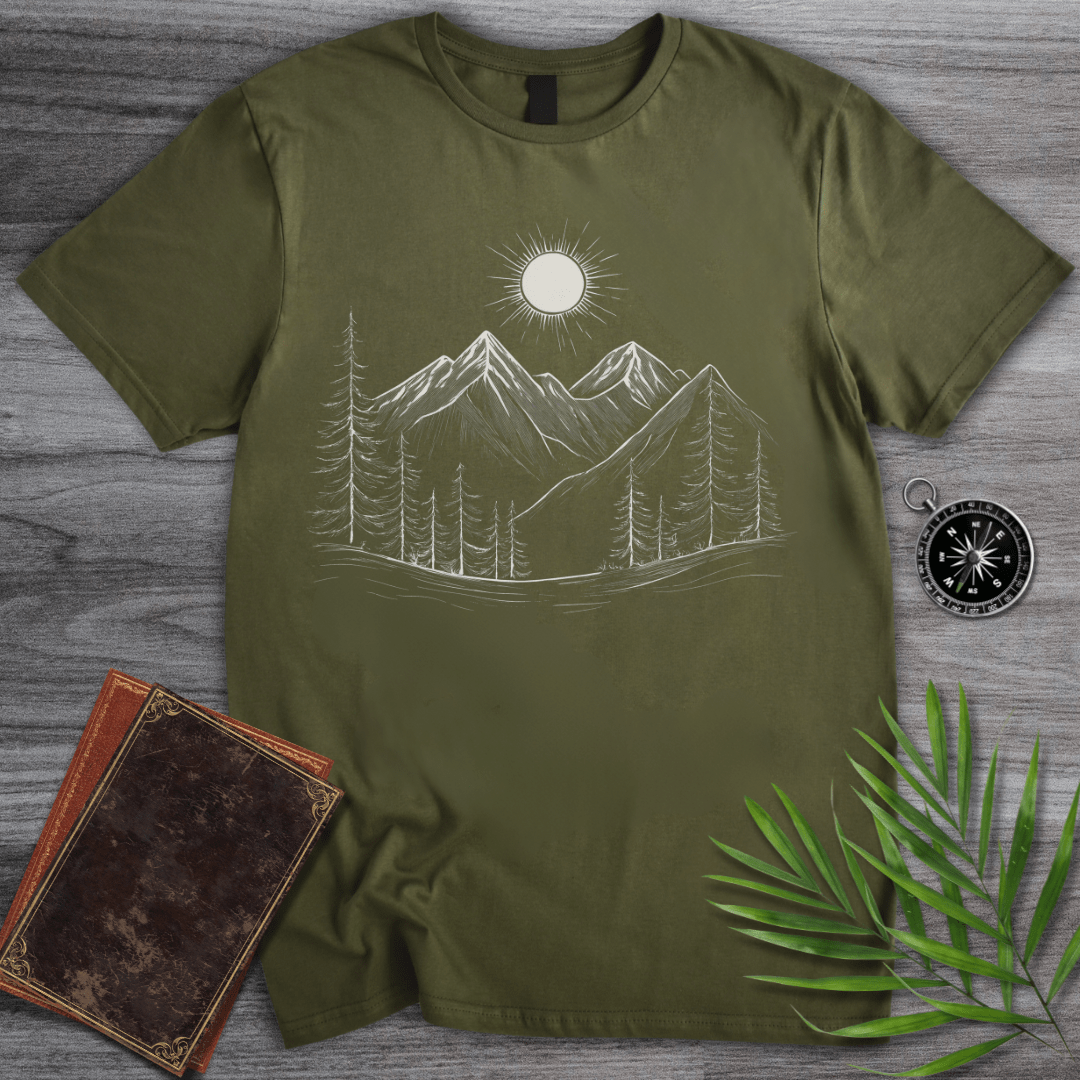 T-Shirt Military Green / S Minimalist Line Art Alpine Woodland T-Shirt