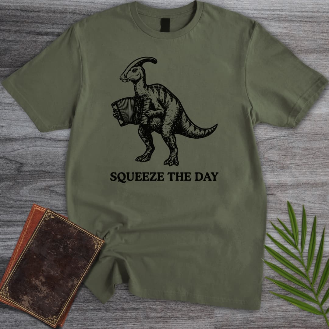 T-Shirt Military Green / S Squeeze The Day Accordion Dino T-Shirt
