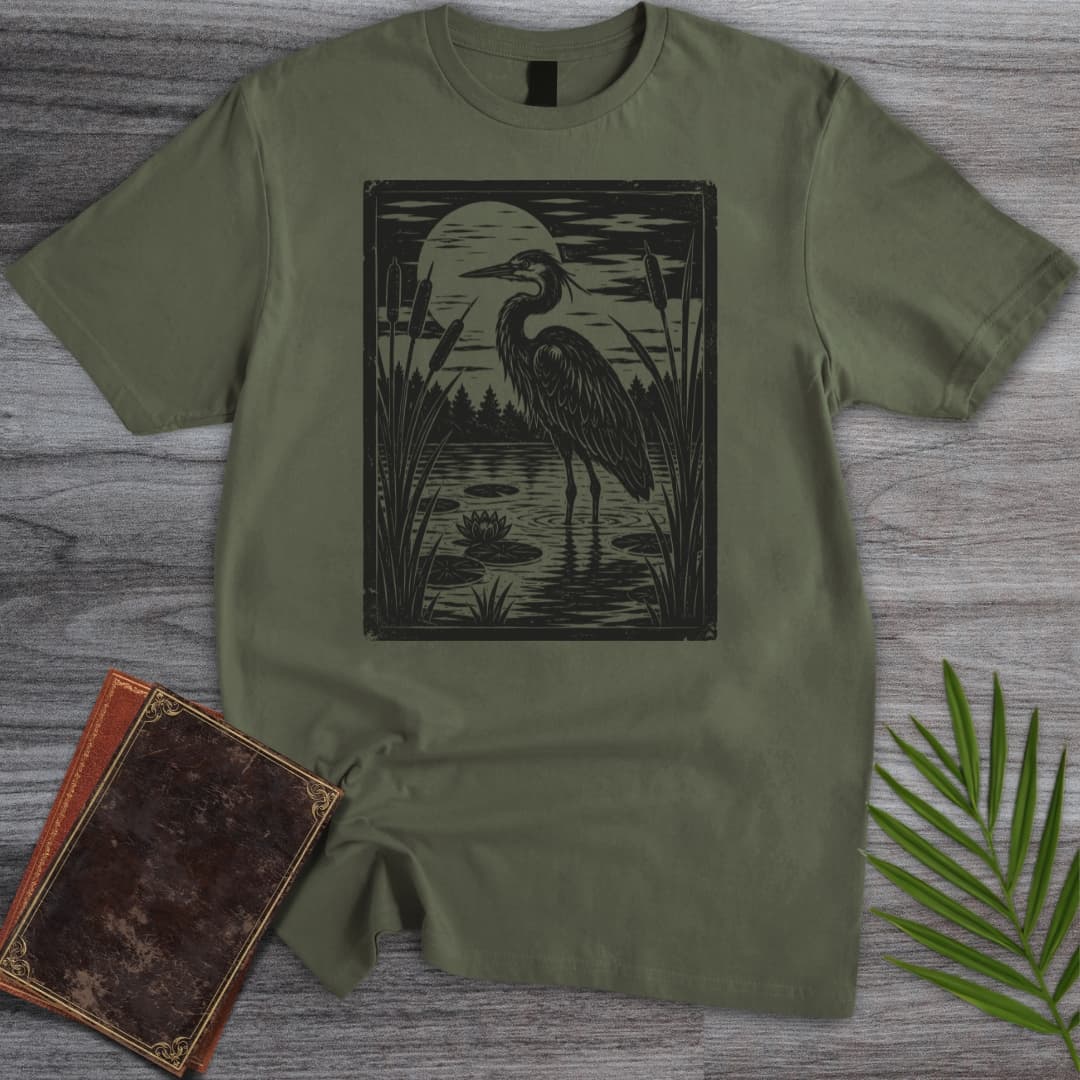 T-Shirt Military Green / S Vintage Blue Heron Moon T-Shirt