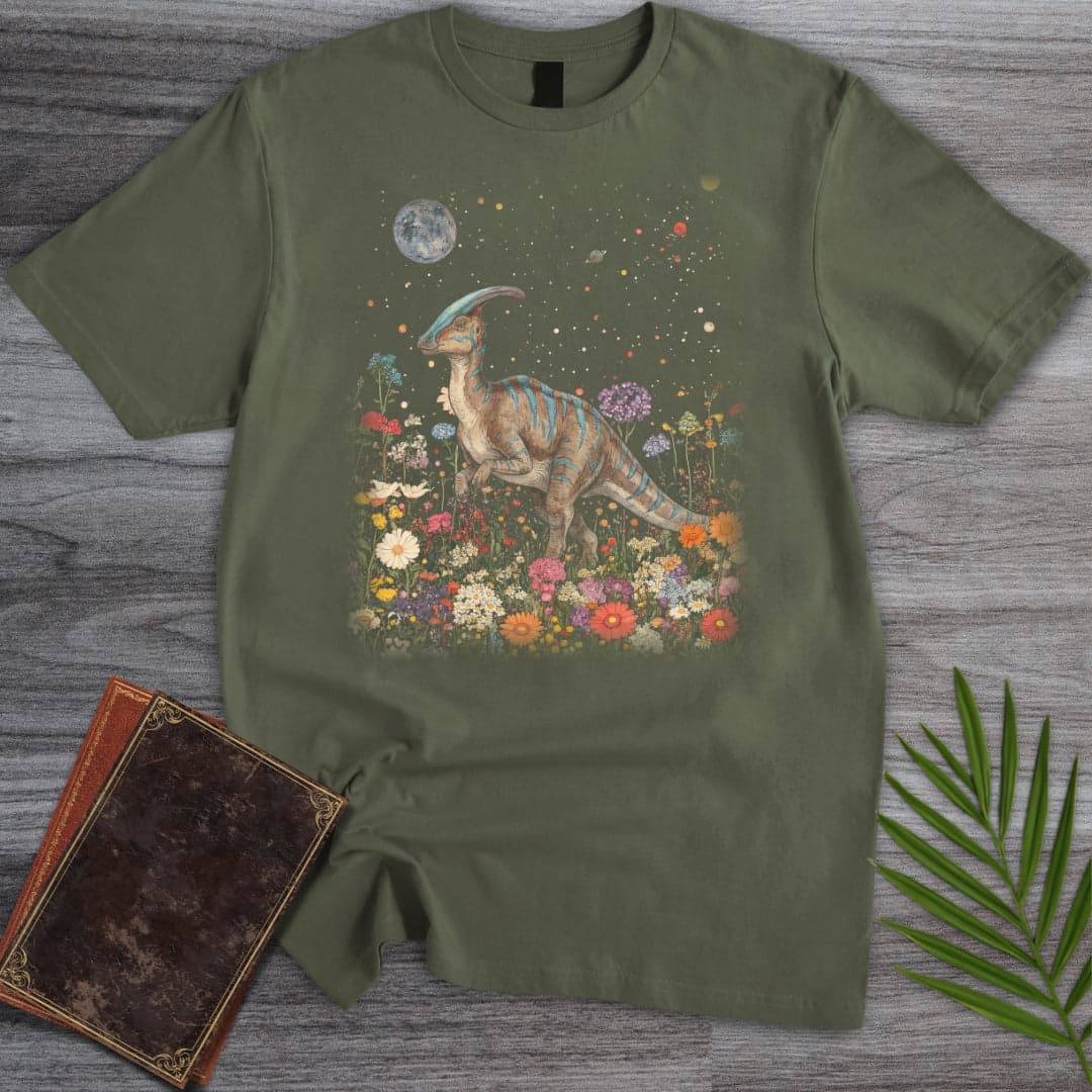 T-Shirt Military Green / S Vintage Floral Parasaurolophus T-Shirt