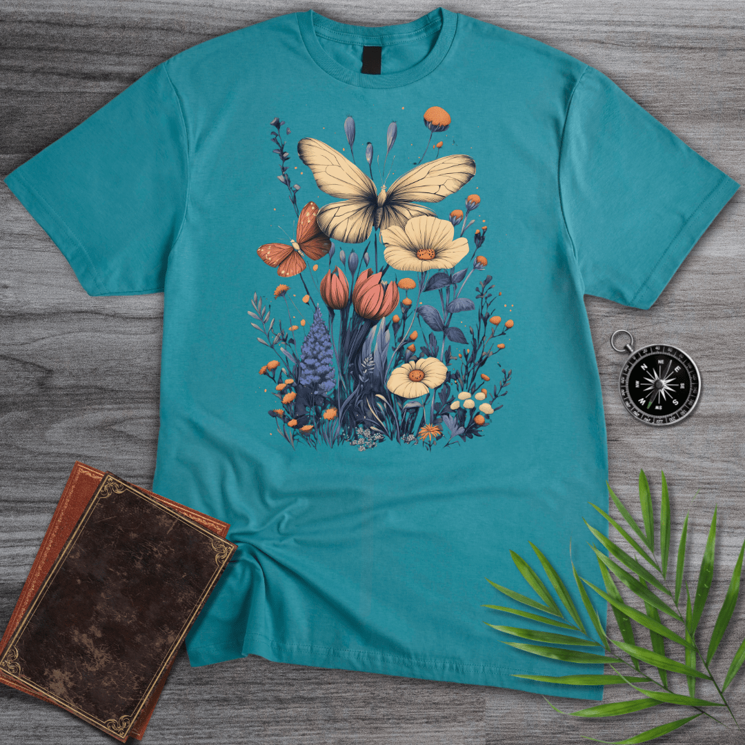 T-Shirt Tropical Blue / S Butterflies in Bloom Garden T-Shirt