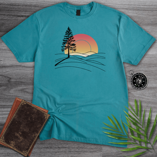 T-Shirt Tropical Blue / S Minimalist Pine Sunset Line art T-Shirt