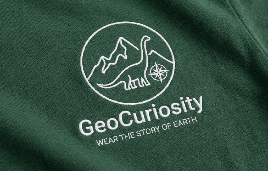 Green shirt with 'GeoCuriosity' logo featuring mountains, a dinosaur, and a compass.