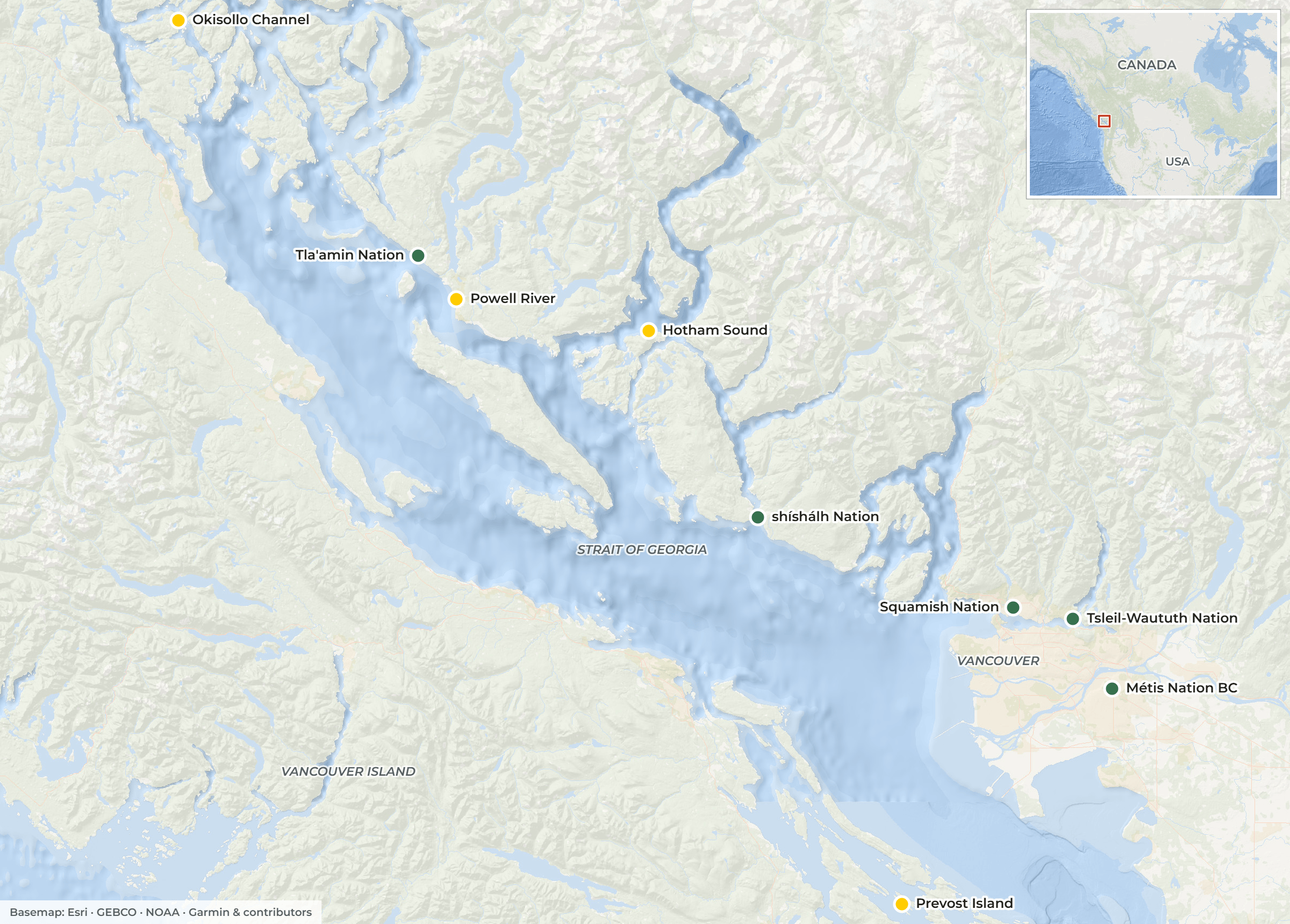Map of the Salish Sea. Yellow markers show kelp restoration sites at Hotham Sound, Powell River, Prevost Island, and Okisollo Channel. Green markers show the five partner Nations.