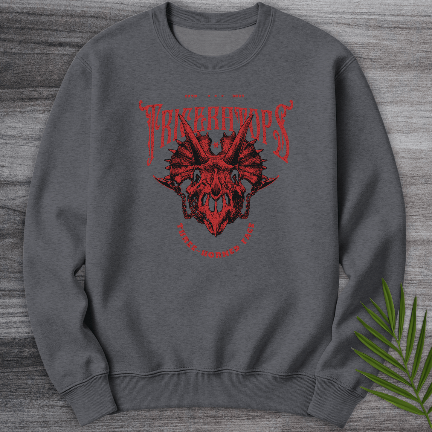 Sweatshirt Dark Heather / S Gothic Three-Horned Face Crewneck
