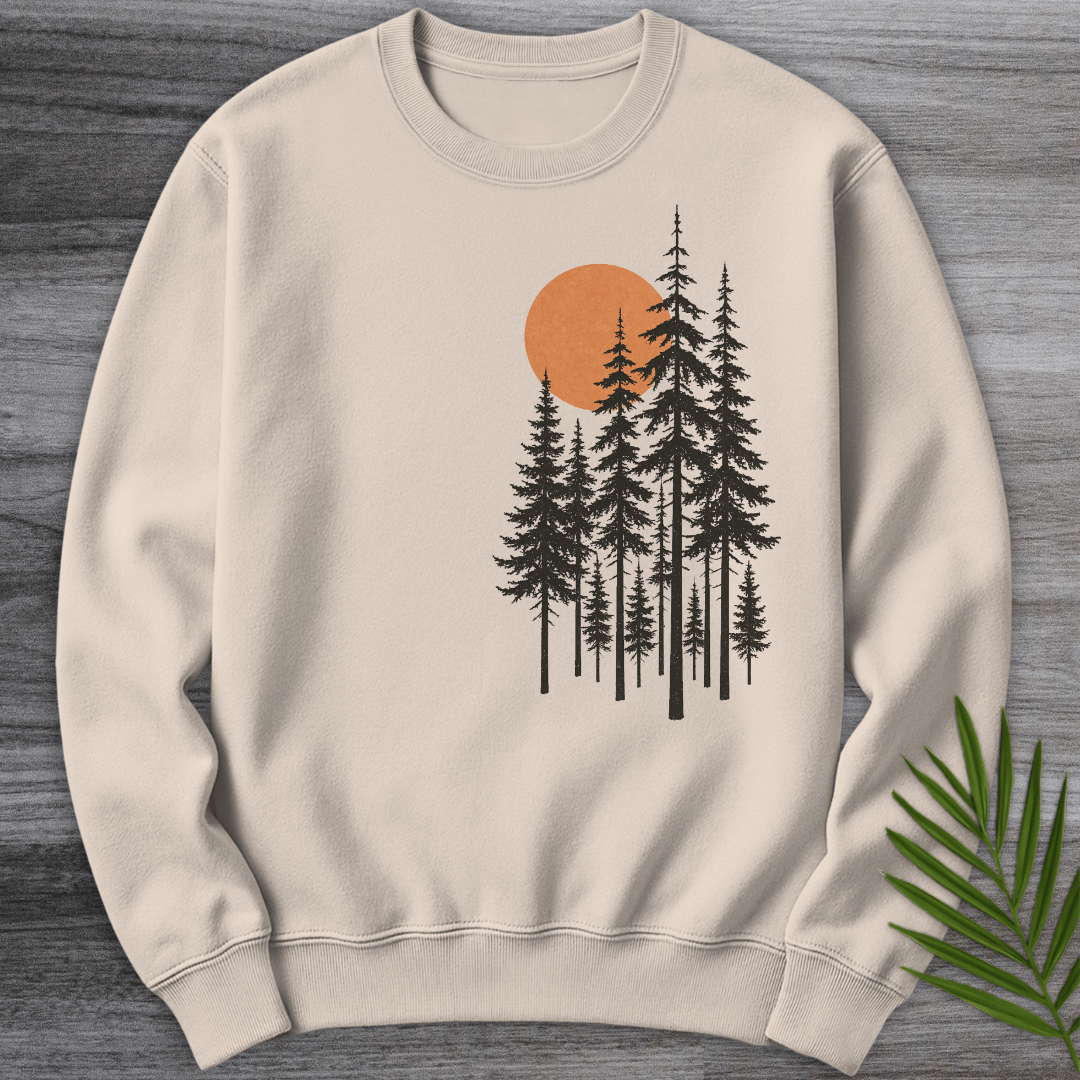 Sweatshirt Sand / S Pine Tree Forest Sunset Crewneck