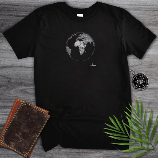 T-Shirt Black / S Minimalist Line Art Earth & Plane T-Shirt