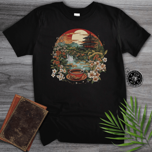 T-Shirt Black / S Old Japan T-Shirt: Traditional Graphic with Flowers, Sunset, and Temple