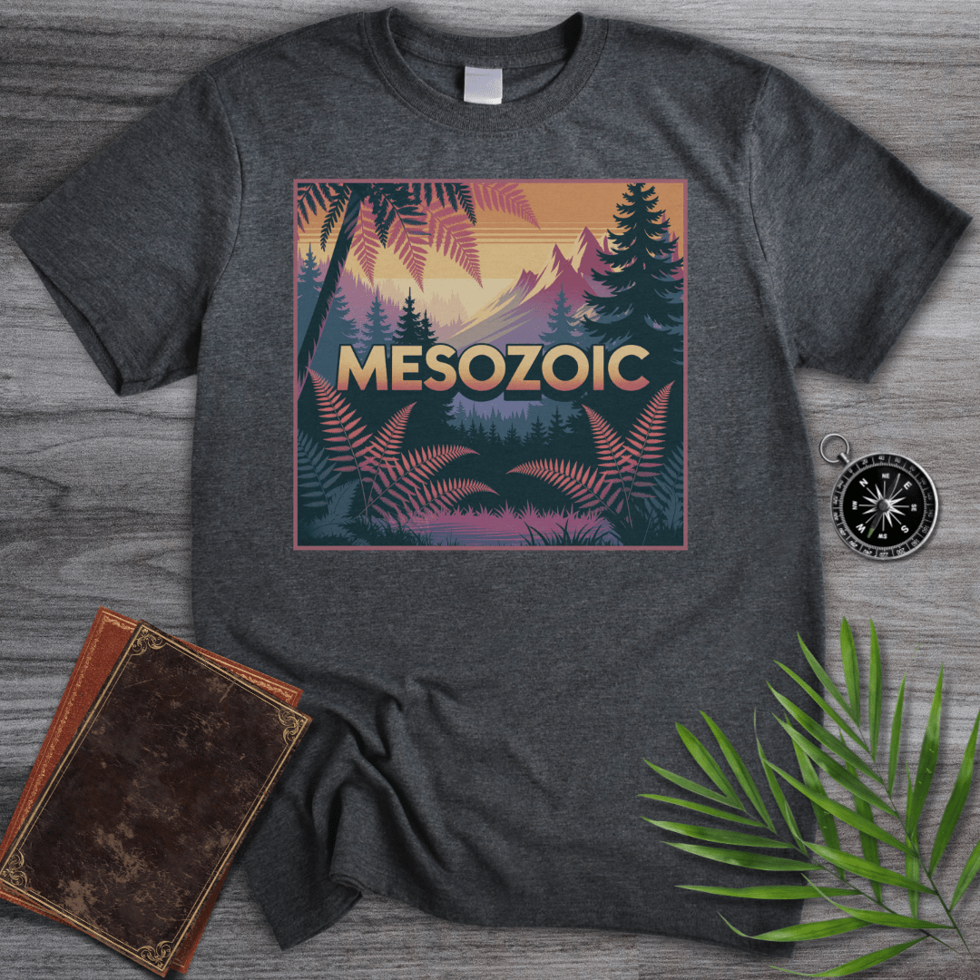 T-Shirt Dark Heather / S MESOZOIC: Prehistoric Sunset Jungle Scene