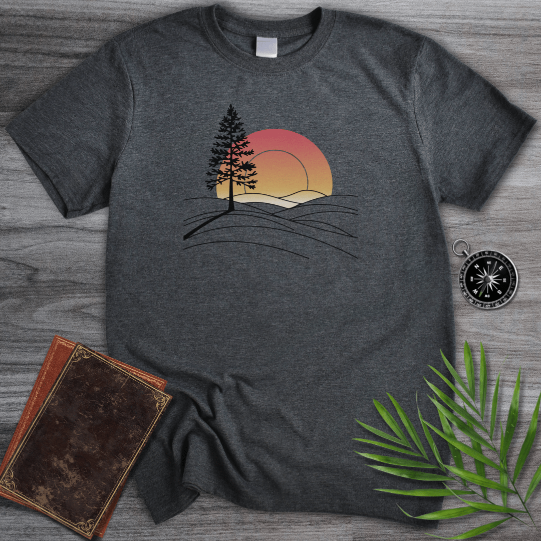 T-Shirt Dark Heather / S Minimalist Pine Sunset Line art T-Shirt