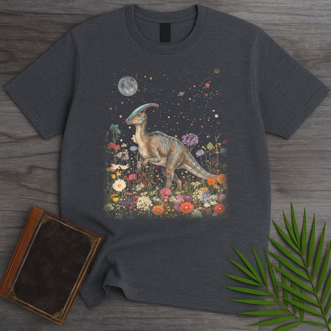 T-Shirt Dark Heather / S Vintage Floral Parasaurolophus T-Shirt