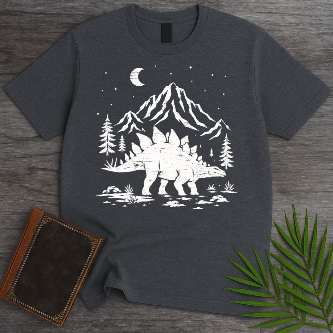 T-Shirt Dark Heather / S Woodcut Stegosaurus Moon T-Shirt