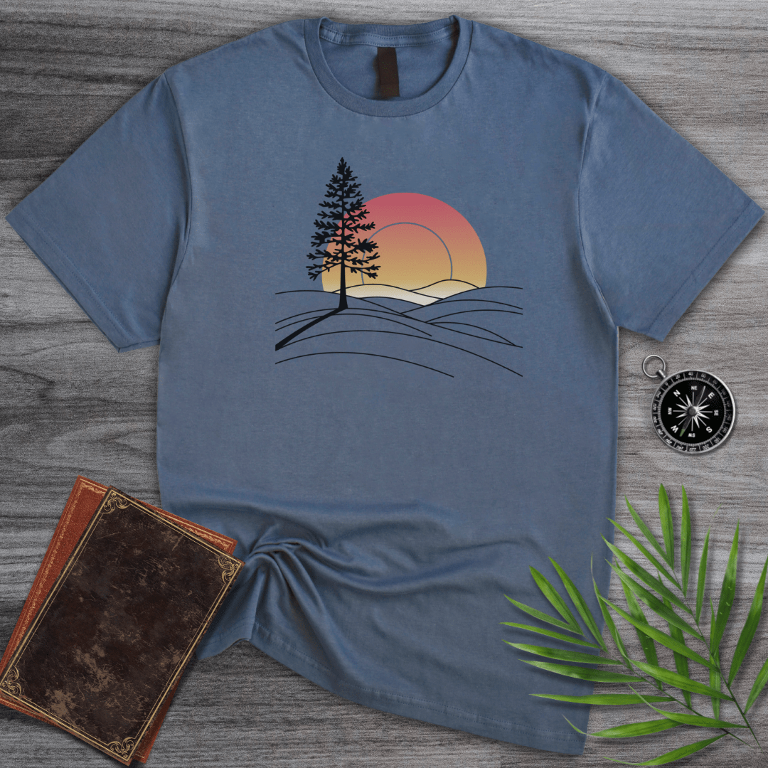 T-Shirt Heather Indigo / S Minimalist Pine Sunset Line art T-Shirt
