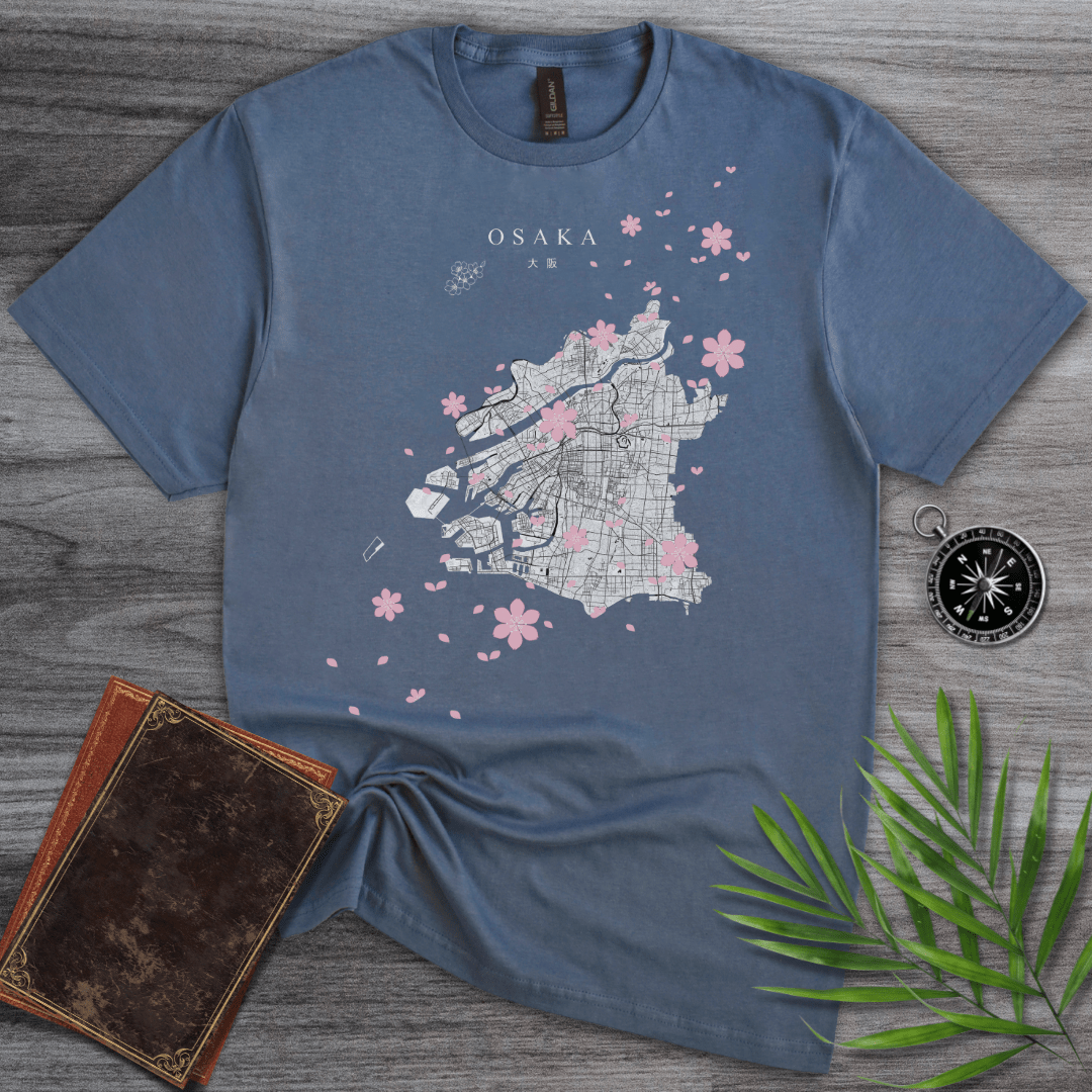 T-Shirt Heather Indigo / S Osaka, Japan Flower & Map T-Shirt