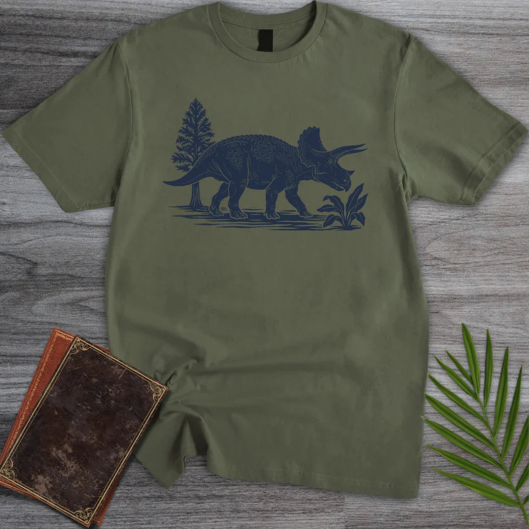 T-Shirt Military Green / M Linocut Triceratops T-Shirt