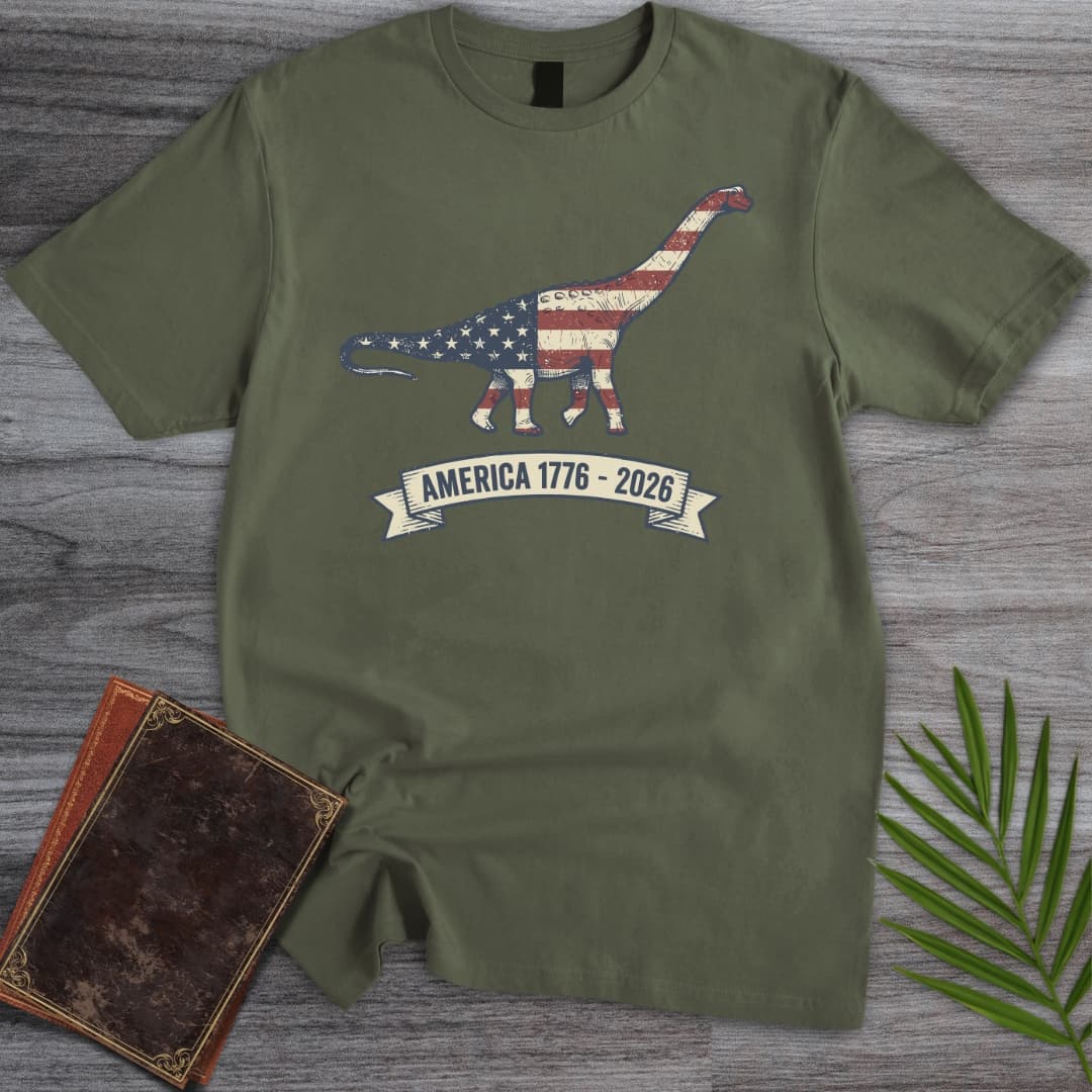 T-Shirt Military Green / S American Flag Brachiosaurus Americas 250th T-Shirt