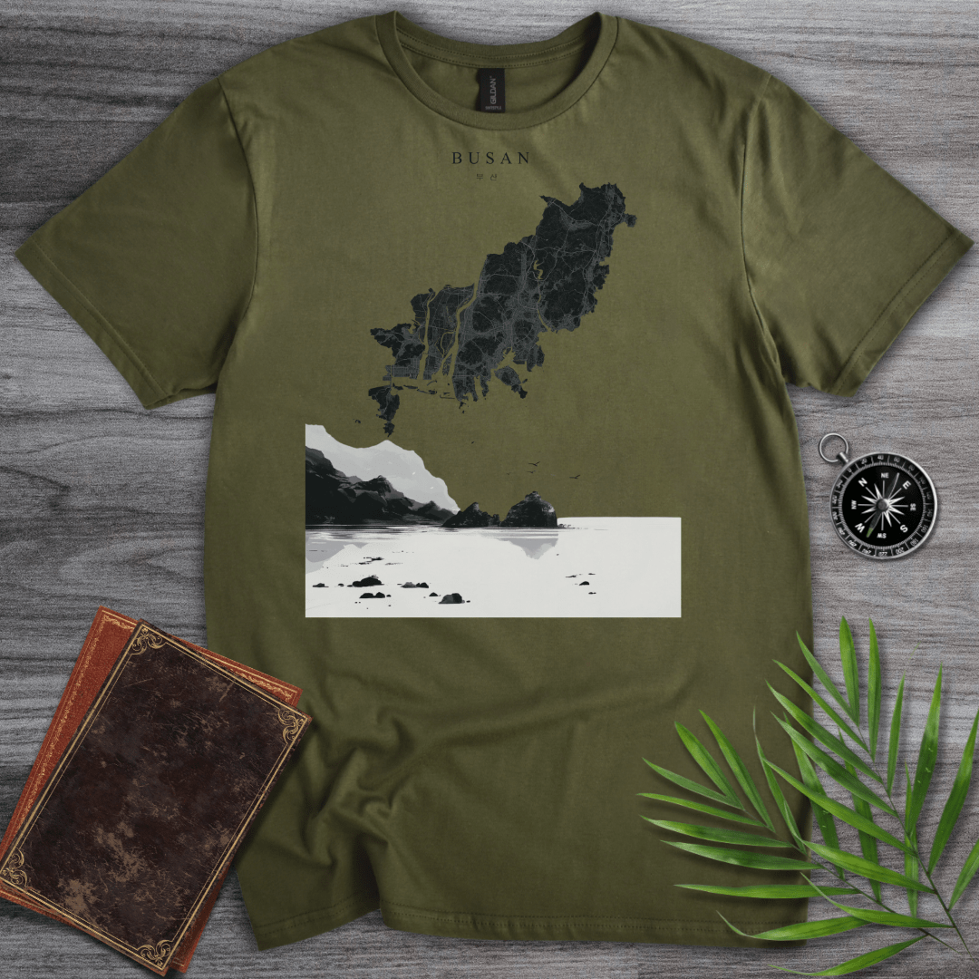 T-Shirt Military Green / S Busan, South Korea Ocean Map Graphic T-Shirt