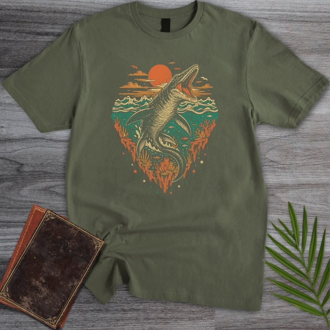 T-Shirt Military Green / S Cretaceous Sunset Ocean Mosasaur T-Shirt