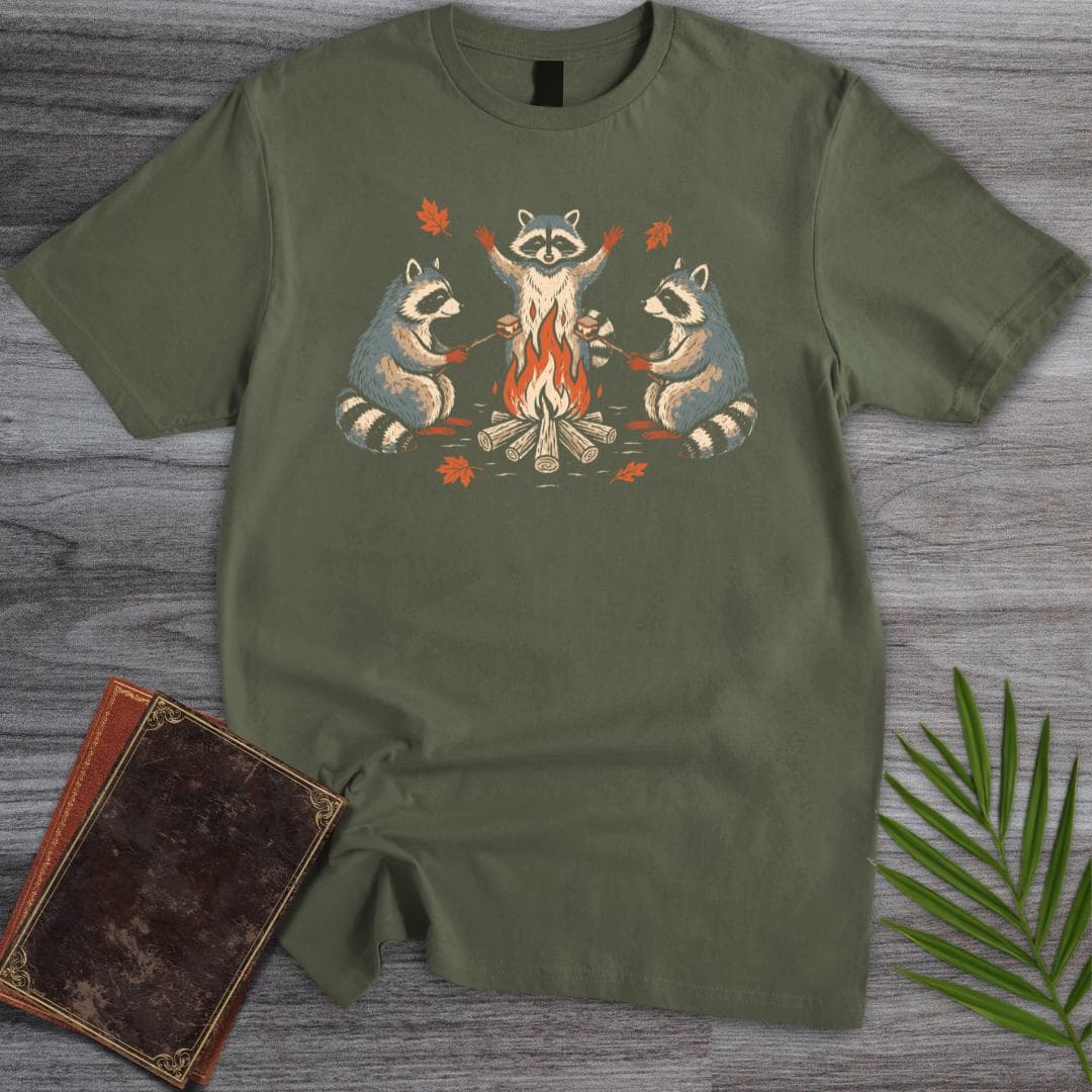 T-Shirt Military Green / S Fall Camping Raccoons T-Shirt