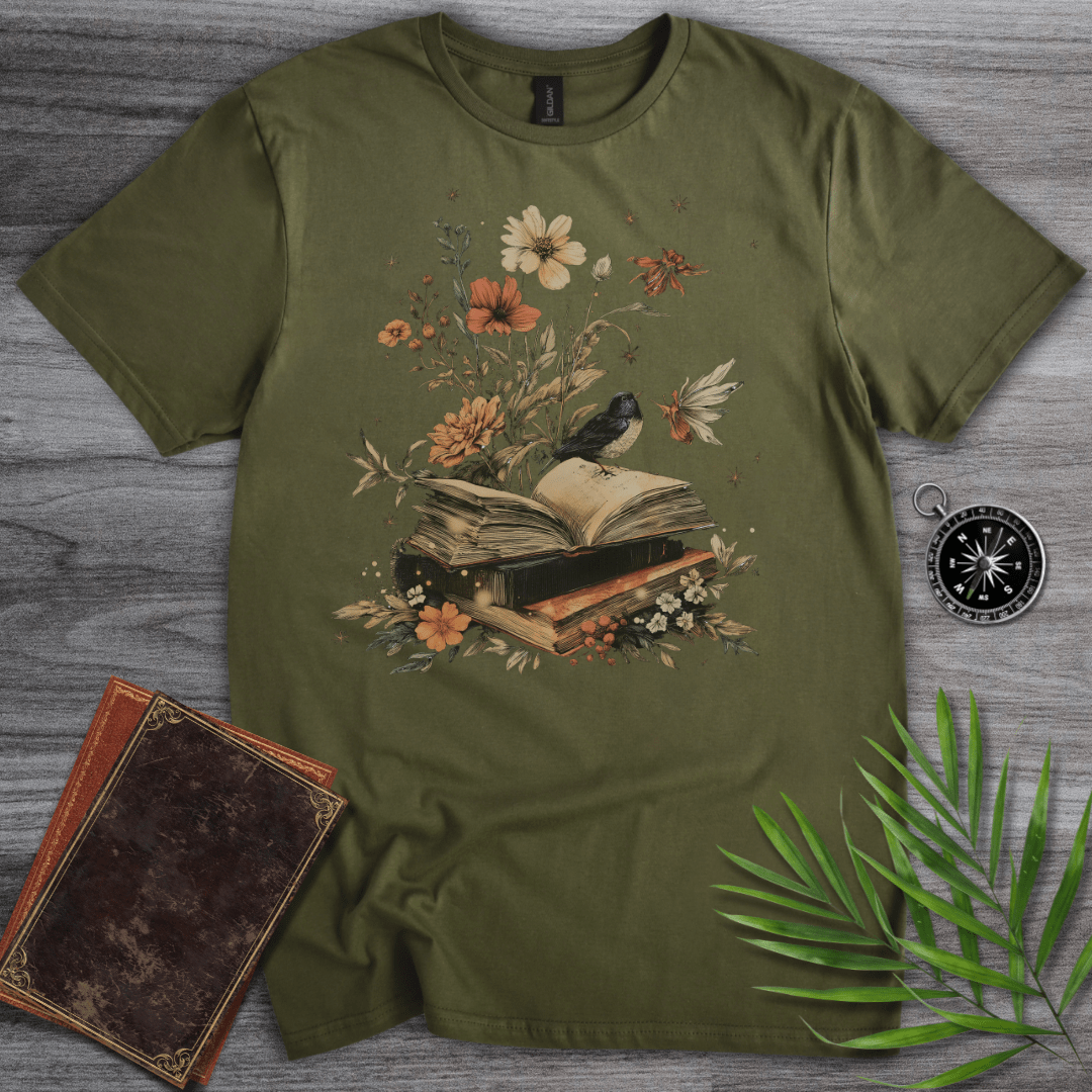 T-Shirt Military Green / S Imagining Nature: Vintage Bird & Book T-Shirt