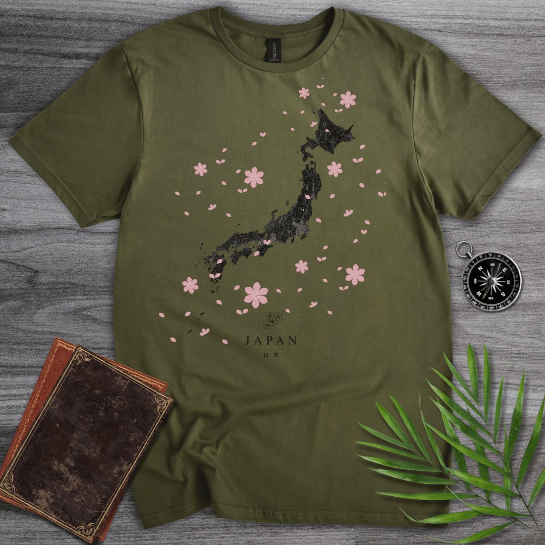 T-Shirt Military Green / S Japan Flower & Map T-Shirt