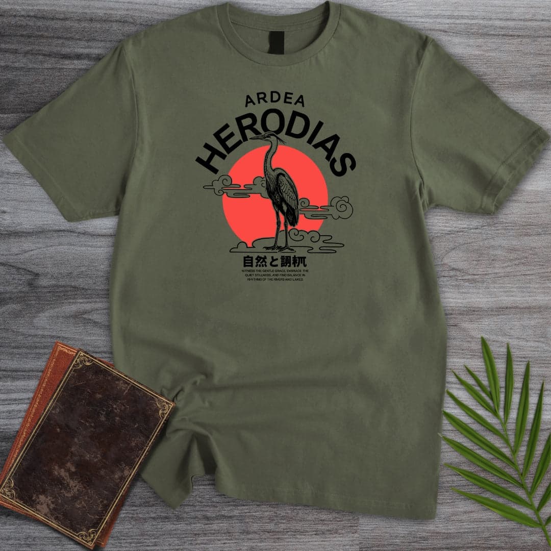 T-Shirt Military Green / S Japanese Ardea herodias (Heron) T-Shirt