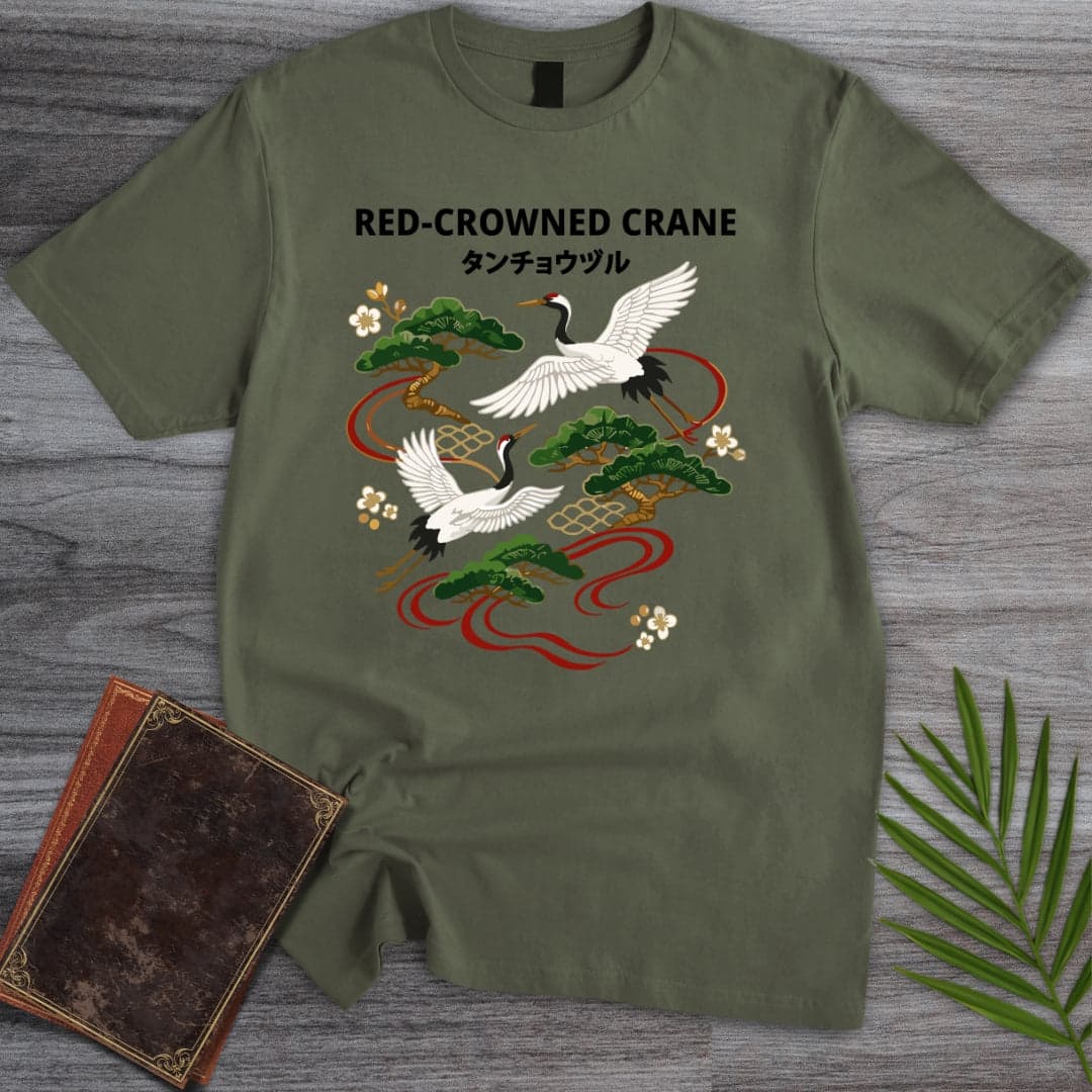 T-Shirt Military Green / S Japanese Red-crowned Crane T-Shirt