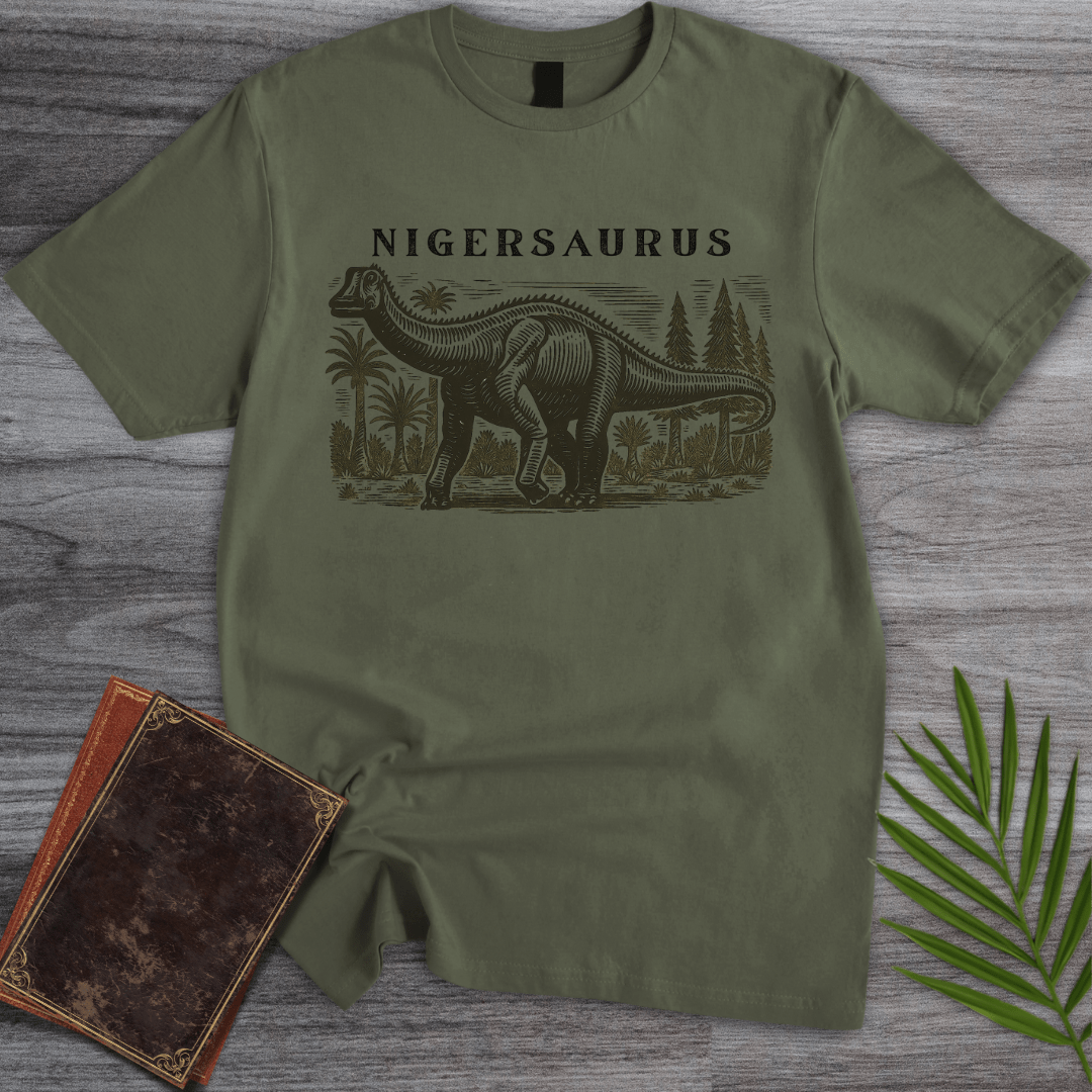 T-Shirt Military Green / S Linocut Nigersaurus Environment T-Shirt