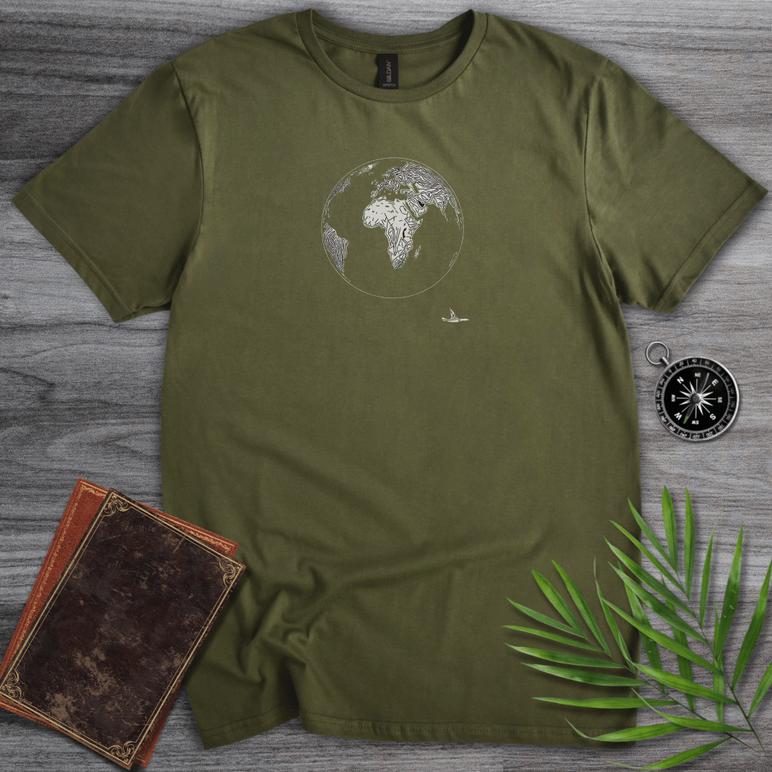 T-Shirt Military Green / S Minimalist Line Art Earth & Plane T-Shirt