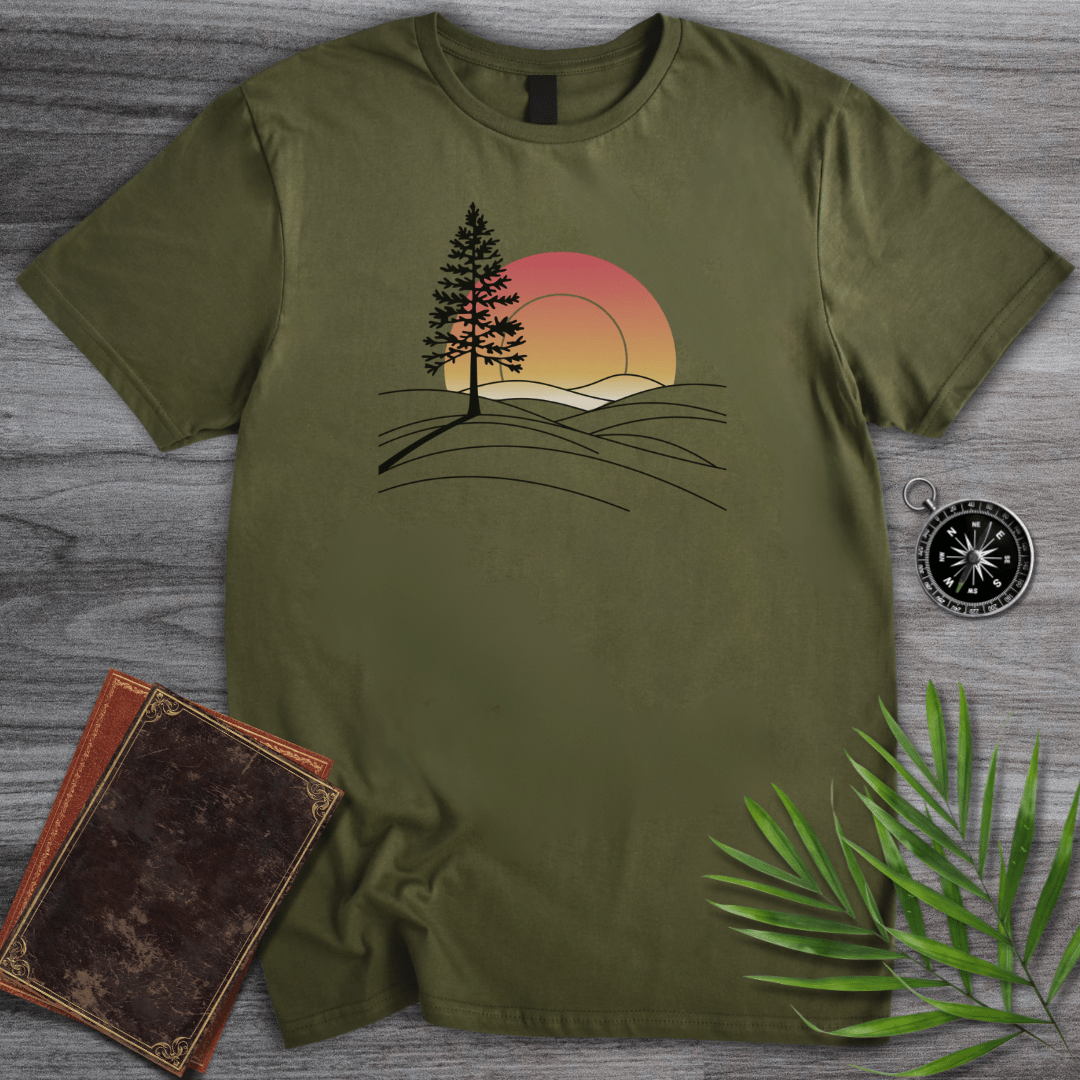 T-Shirt Military Green / S Minimalist Pine Sunset Line art T-Shirt