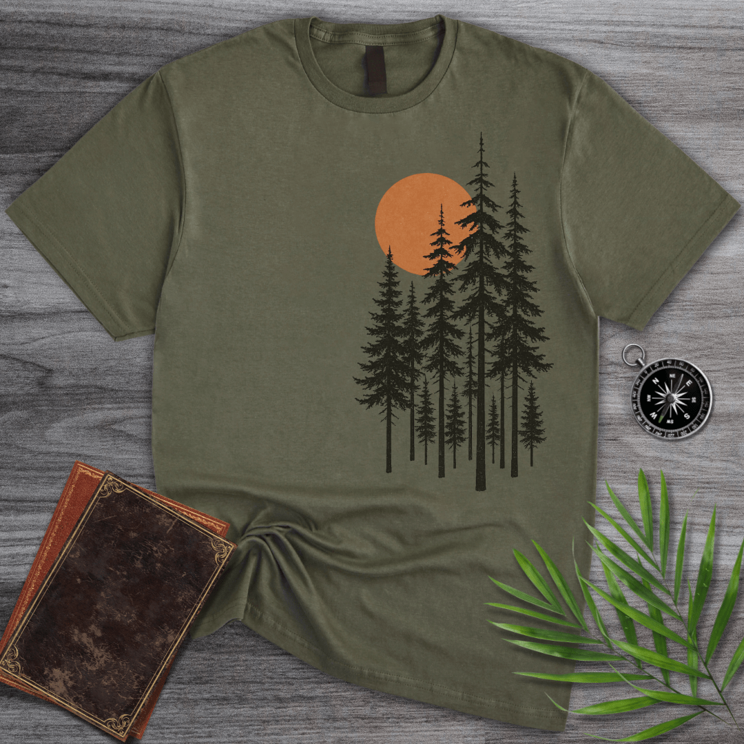 T-Shirt Military Green / S Pine Tree Forest Sunset T-Shirt