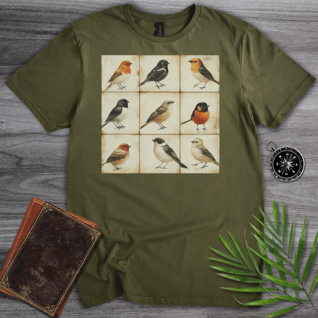 T-Shirt Military Green / S Simple Bird Species Grid T-Shirt