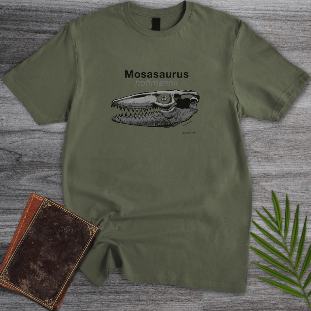 T-Shirt Military Green / S Skull of Mosasaurus hoffmannii T-Shirt (palaeoden_art)