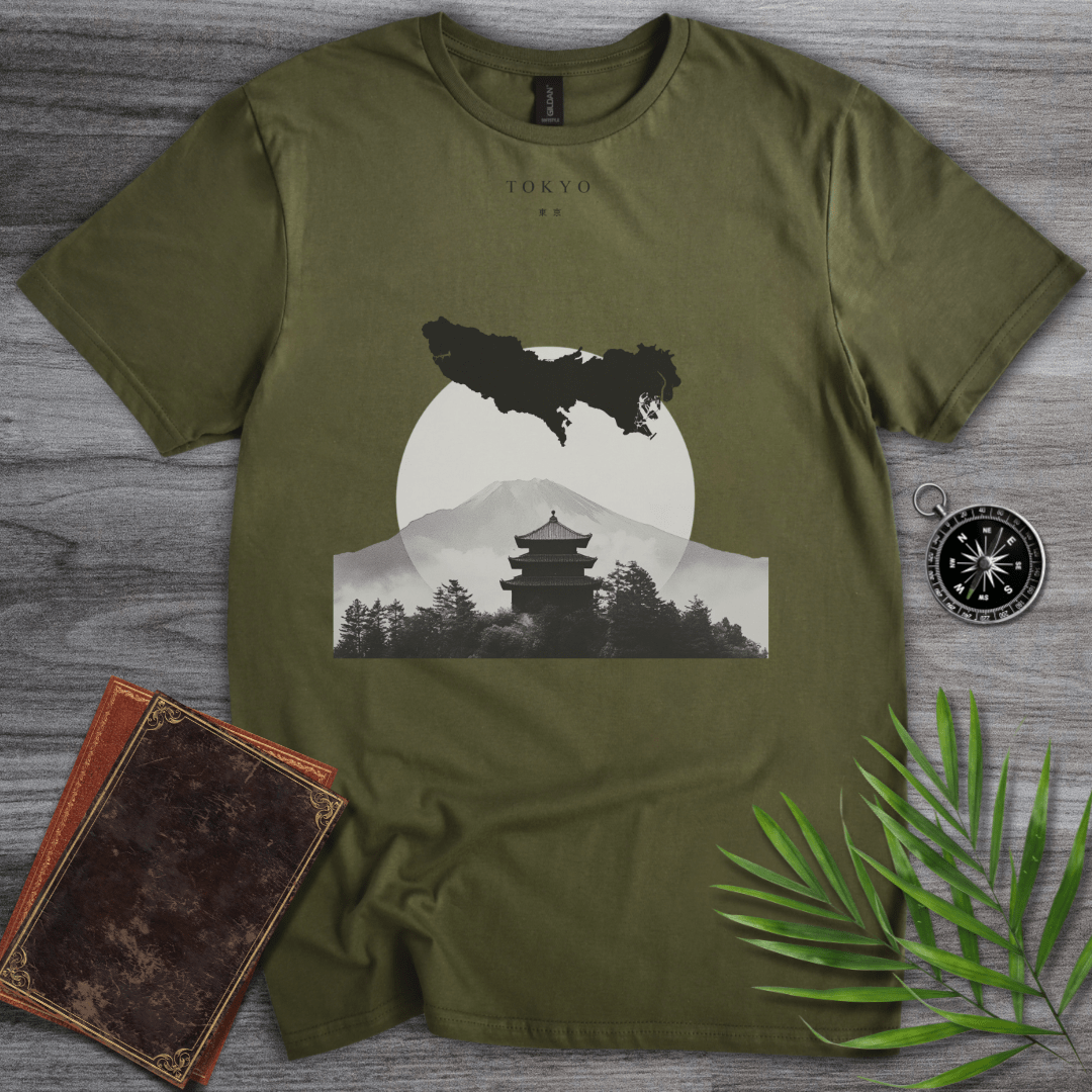 T-Shirt Military Green / S Tokyo, Japan, Fuji & Map Graphic T-Shirt