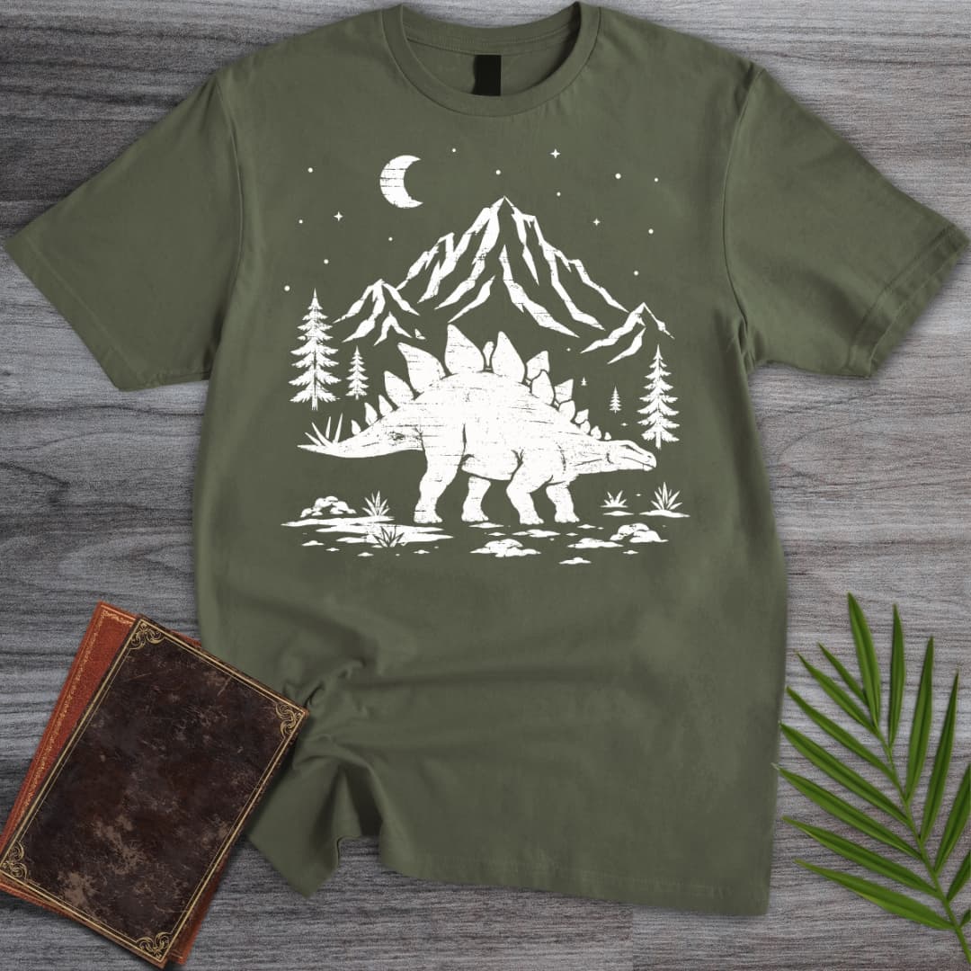 T-Shirt Military Green / S Woodcut Stegosaurus Moon T-Shirt