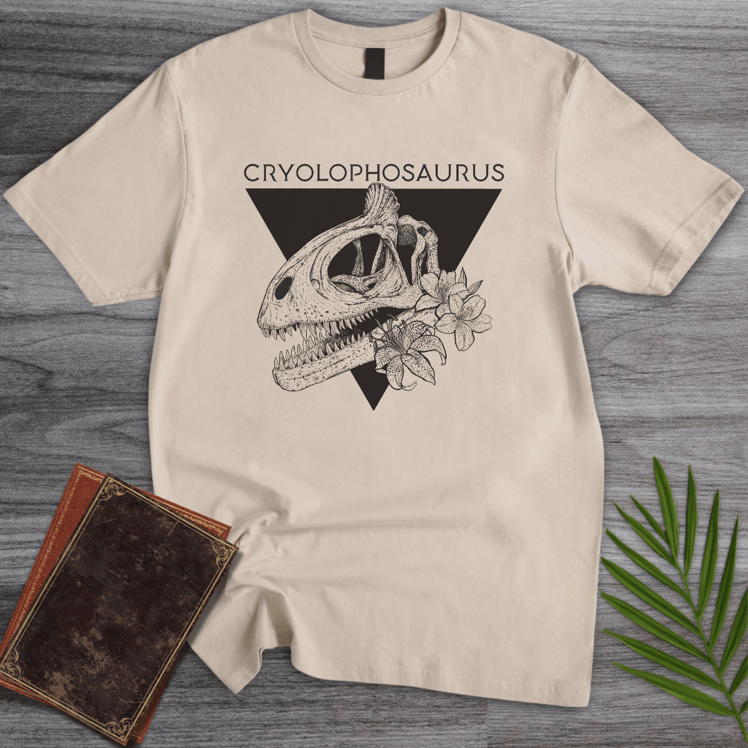 T-Shirt Sand / S Cryolophosaurus “Elvisaurus” Antarctic Crest T-Shirt (farkas.art)
