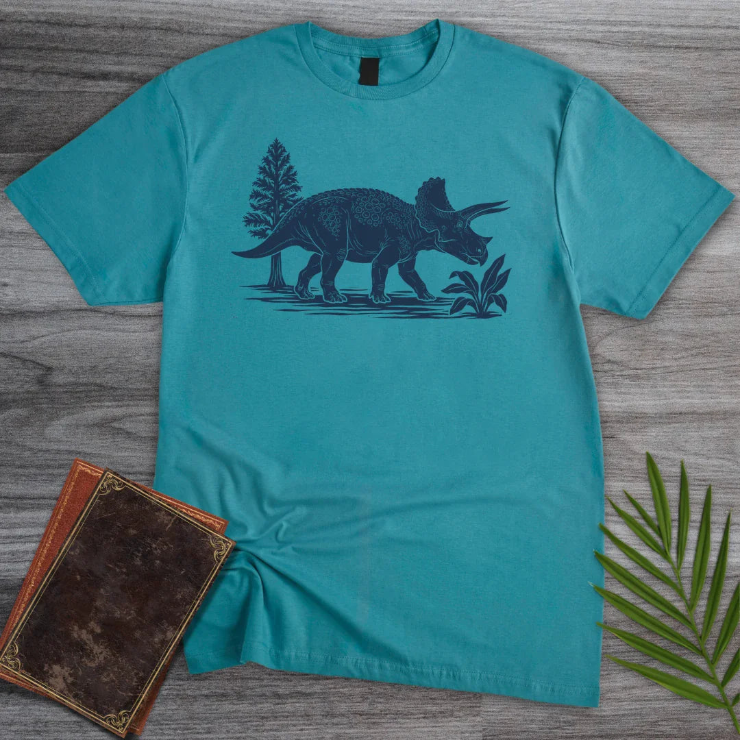 T-Shirt Tropical Blue / M Linocut Triceratops T-Shirt