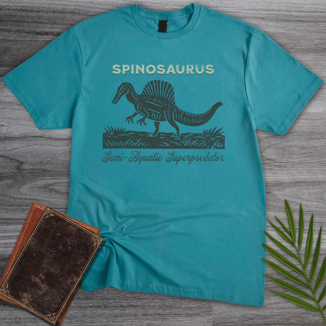 T-Shirt Tropical Blue / S Distressed Vintage Spinosaurus Linocut T-Shirt