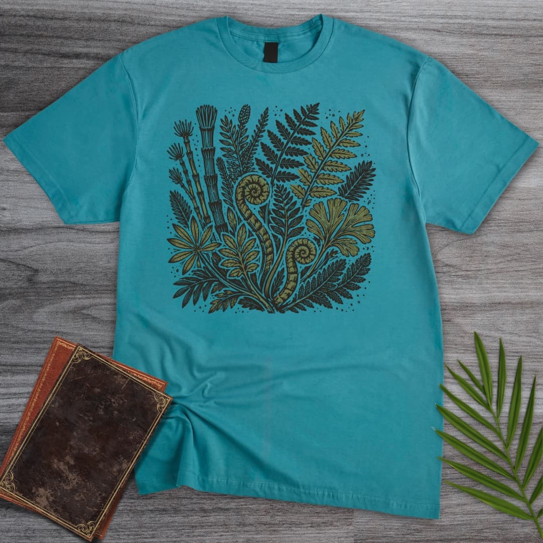 T-Shirt Tropical Blue / S Linocut Mesozoic Plants T-Shirt