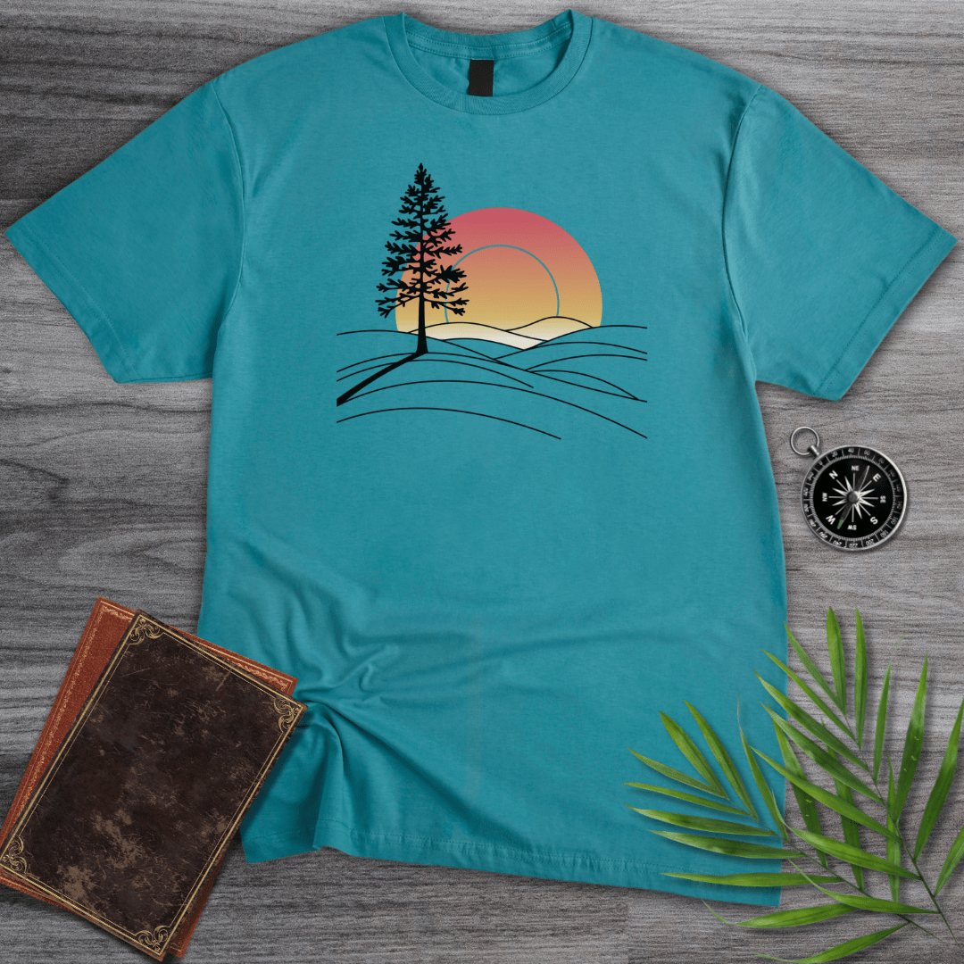 T-Shirt Tropical Blue / S Minimalist Pine Sunset Line art T-Shirt