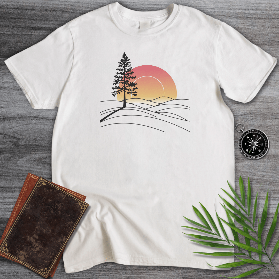T-Shirt White / S Minimalist Pine Sunset Line art T-Shirt