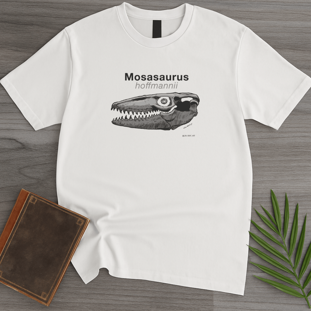 T-Shirt White / S Skull of Mosasaurus hoffmannii T-Shirt (palaeoden_art)